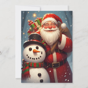 Cartão Papai Noel com boneco de neve em cena de Natal