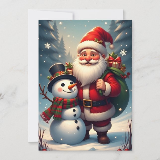 Cartão Papai Noel com boneco de neve em cena de Natal (Frente)