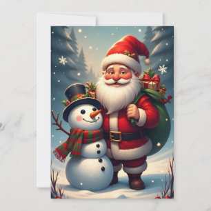 Cartão Papai Noel com boneco de neve em cena de Natal