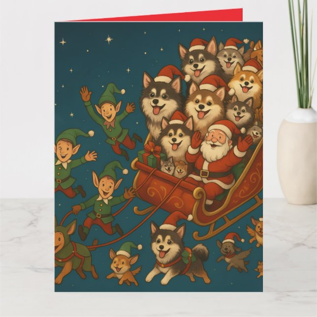 Cartão Papai Noel com cachorrinhos alegres e elfos! (Frente)