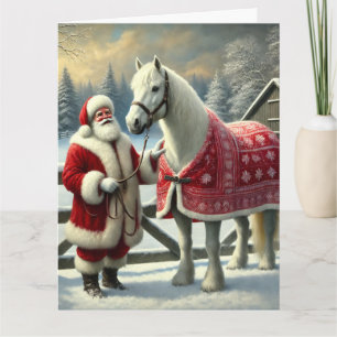 Cartão Papai Noel com Cavalo Branco na Fazenda Neve