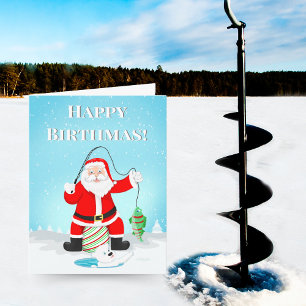Cartão Papai Noel de Aniversário Pescando no Gelo com Urs