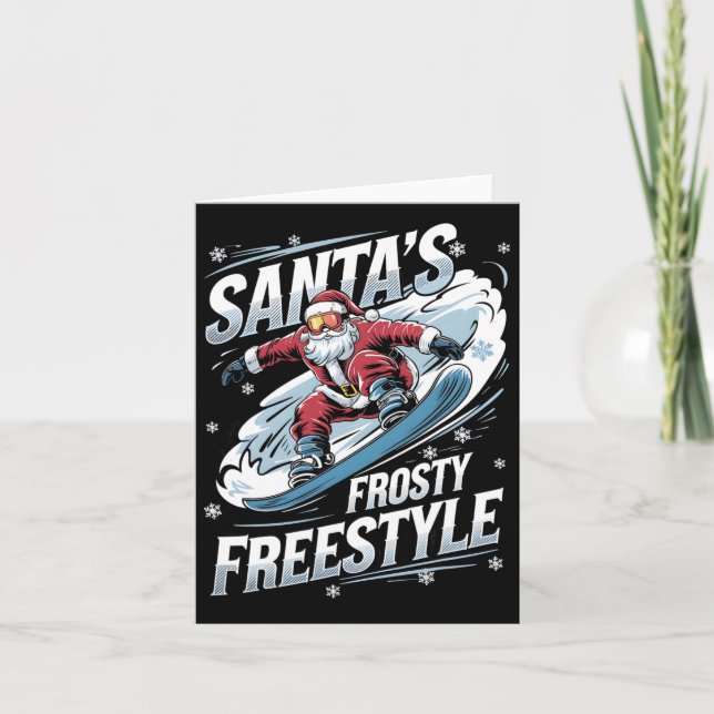 Cartão Papai Noel de Snowboard no Natal Santas Fr (Frente)