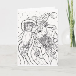 Cartão Papai Noel e Rena Pinte seu próprio Natal