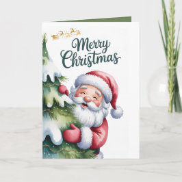 Cartão Papai Noel Engraçado e Fofo com Árvore e Tipografi