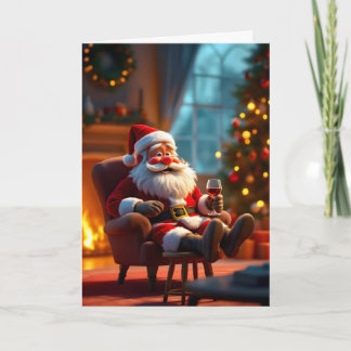 Cartão Papai Noel engraçado relaxando com vinho tinto