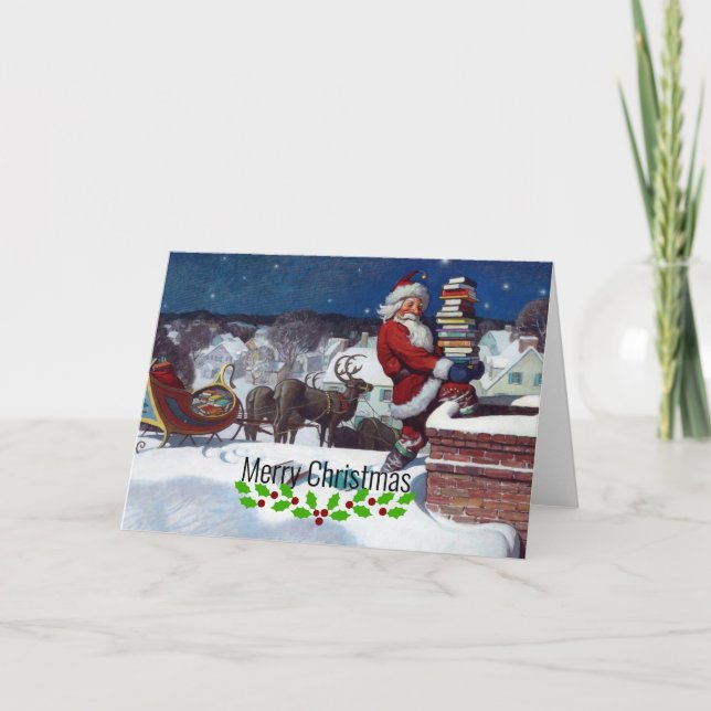 Cartão Papai Noel entregando braçada de livros por Wyeth (Frente)