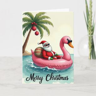 Cartão Papai Noel Flamingo Flutuador Feliz Natal Tropical