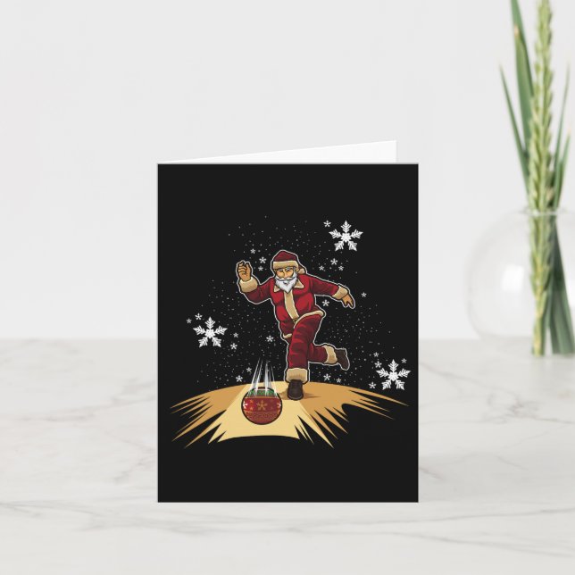 Cartão Papai Noel Jogando Boliche - Presente de Natal Par (Frente)