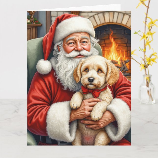 Cartão Papai Noel segurando a arte de Natal do Cockapoo (Flor Amarela)