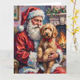 Cartão Papai Noel segurando a arte de Natal do Goldendood