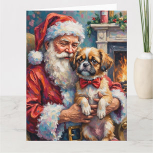 Cartão Papai Noel segurando a arte de Natal do Shih Tzu