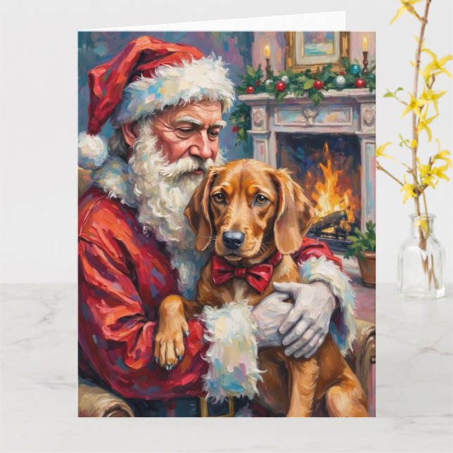 Cartão Papai Noel Segurando Arte de Natal da Vizsla (Flor Amarela)