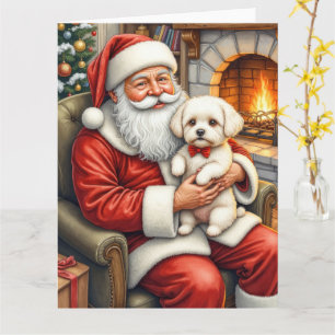 Cartão Papai Noel segurando arte de Natal de Bichon Frise