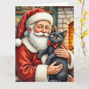 Cartão Papai Noel segurando arte de Natal de gato preto