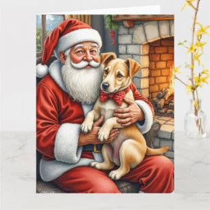 Cartão Papai Noel segurando Bouvier des Flandres de Natal
