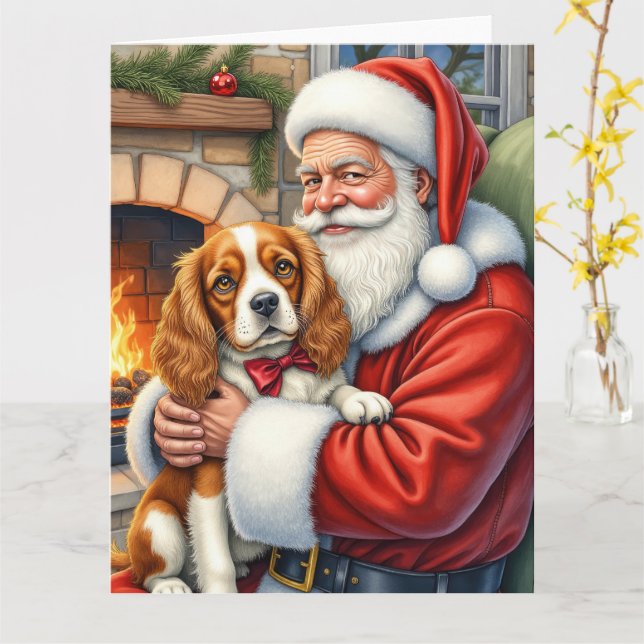 Cartão Papai Noel segurando Cavalier King Charles Spaniel (Flor Amarela)