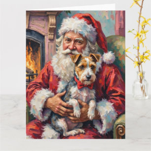 Cartão Papai Noel segurando Wirefox Terrier Arte de Natal