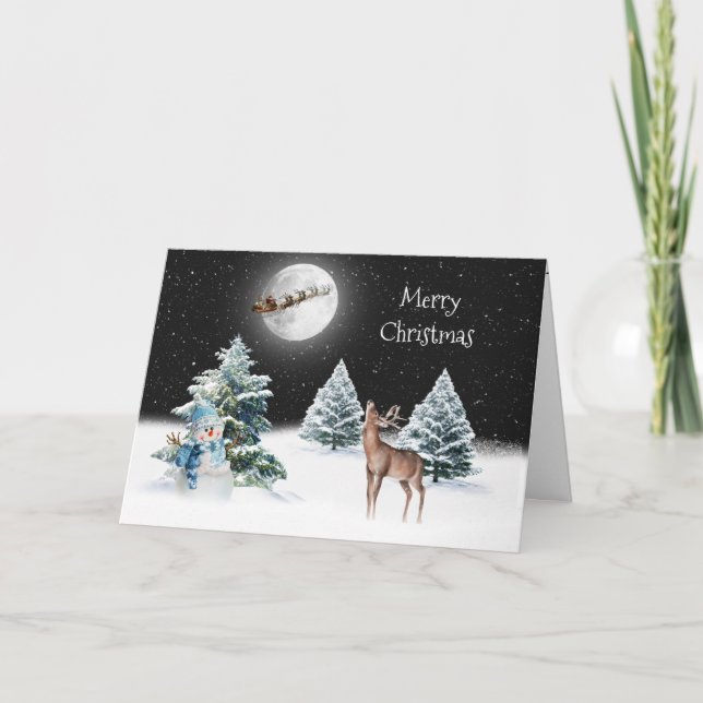 Cartão Papai Noel Sleigh e Veado à Lua (Frente)