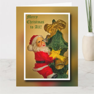 Cartão Papai Noel Subindo na Árvore de Natal - Vintage
