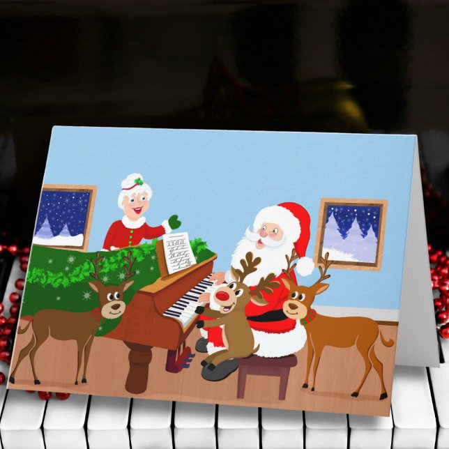 Cartão Papai Noel Tocando Piano com Capa de Rena  (Criador carregado)
