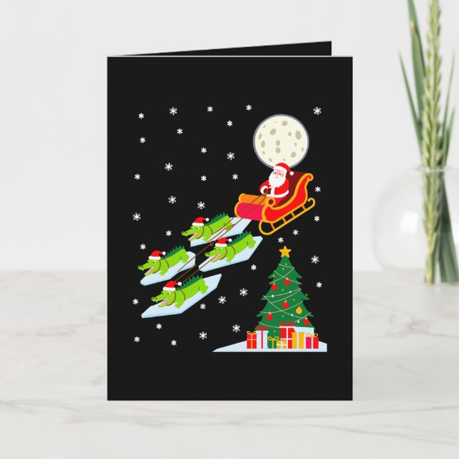 Cartão Papai Noel Trenó Jacaré Natal Lua Neve Árvore (Frente)