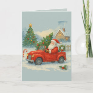 Cartão Papai Noel Vintage em Carro Vermelho Natal Aquarel