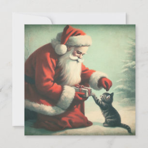 Cartão Papai Noel Vintage Fofo com Gatinho 