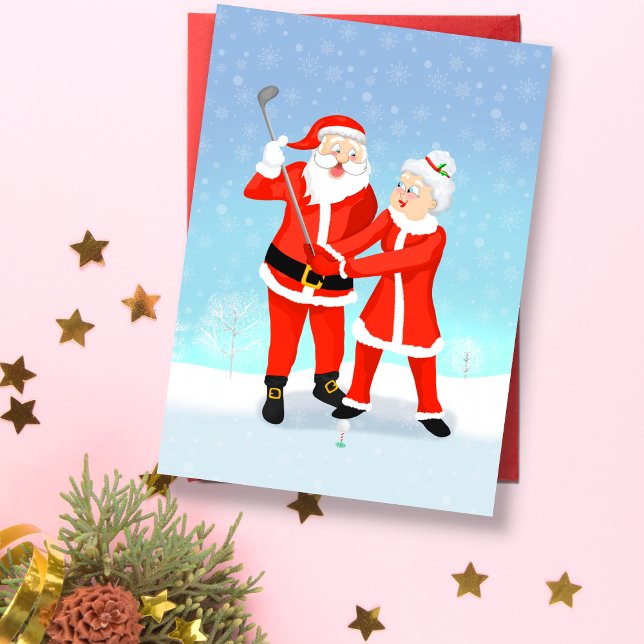 Cartão Papais noeis Ajudando A Sra. Claus Com Seu Golfe S (A sweet Christmas card for a married golfing couple. )