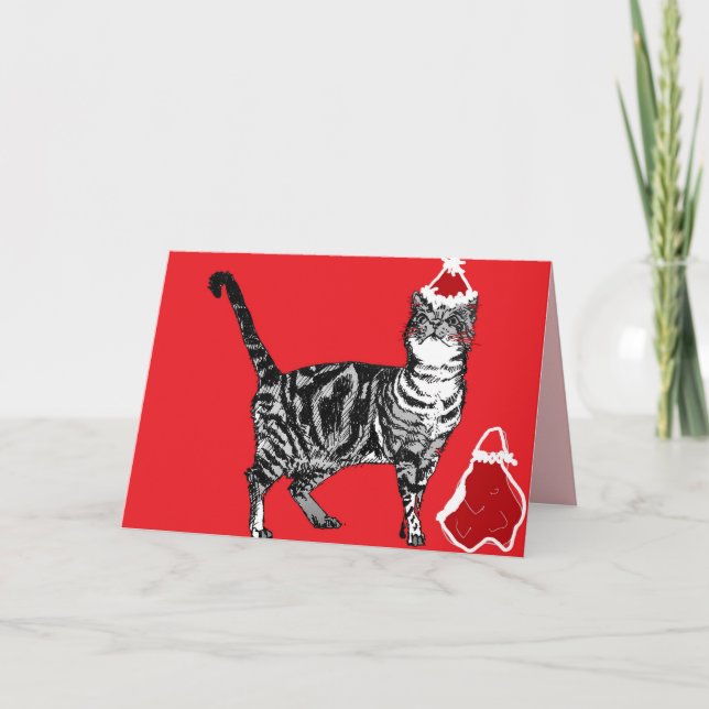 Cartão Papais noeis de Natal - Folhas de Gato Vermelho (Frente)