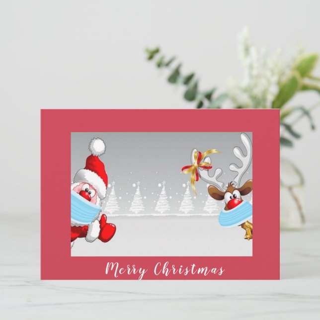 Cartão Papais noeis e renas vestindo o natal (Em pé/Frente)