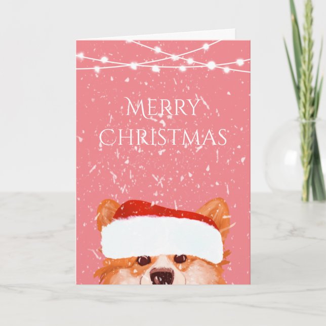 Cartão Papais noeis Orange Corgi Feliz Natal Rosa (Frente)