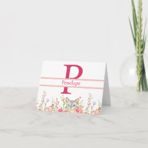 Cartão Papel de Carta Pessoal de Gato Doce e Borda Flor