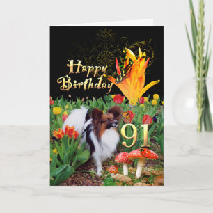 Cartão Papillion dog Happy 91 Birthday Tulip Garden