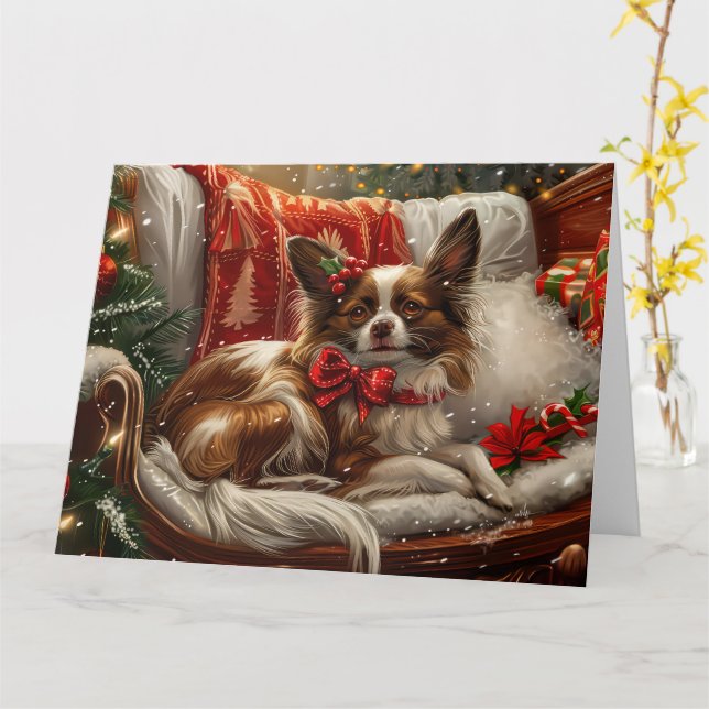 Cartão Papillon Cão Natal Festivo (Flor Amarela)
