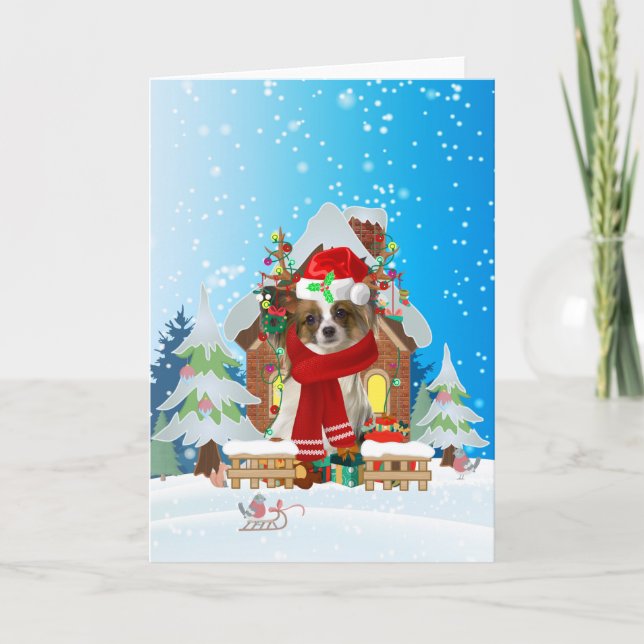 Cartão  Papillon in snow with Christmas gifts  (Frente)