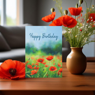 Cartão Papoula Vermelha Floral Dobrada Feliz Aniversário