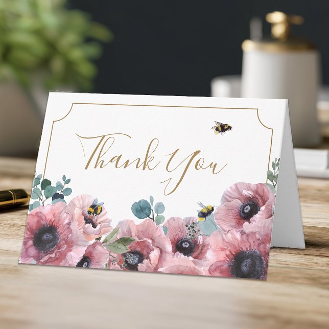 Cartão Papoulas Rosa e Abelhas Obrigada (Pink Floral Thank You Card)