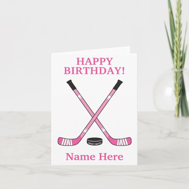 Cartão Paquinhos de Hockey de Aniversário Rosa para Menin (Frente)