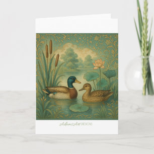 Cartão Par de Patos-Reais Antigos em Lago Ornamental
