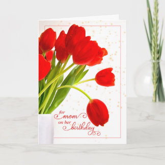 Cartão para a Mamãe Tulipas Vermelhas com Branco Botânico