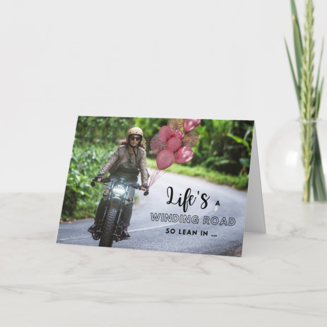 Cartão Para a moto dela... o aniversário da curva. (Frente)