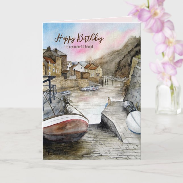 Cartão Para Amigo em Birthday Staithes England Watercolor (Orquídea)