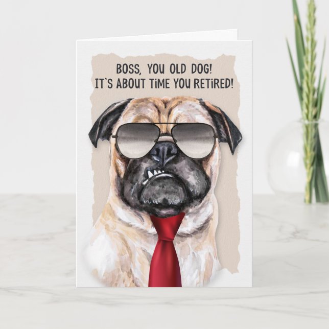 Cartão para Boss Retirement Funny Pug Dog Red Necktie (Frente)