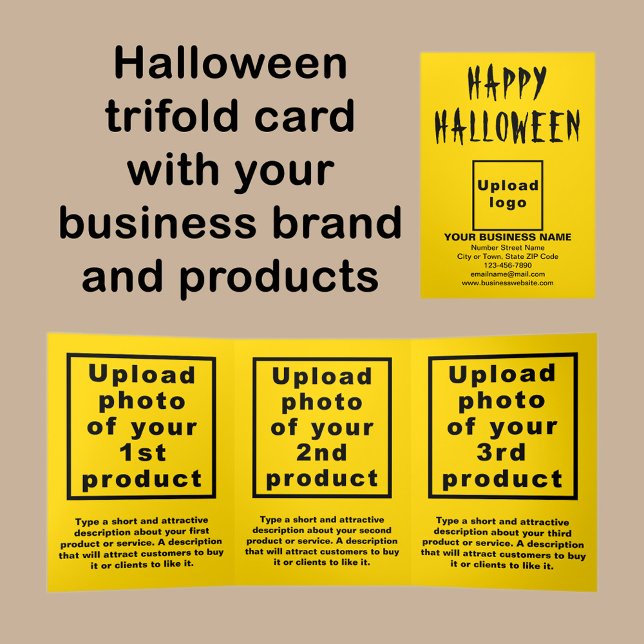 Cartão para datilografo amarelo do Dia das Bruxas (Halloween yellow trifold card with your business brand and products or services.)