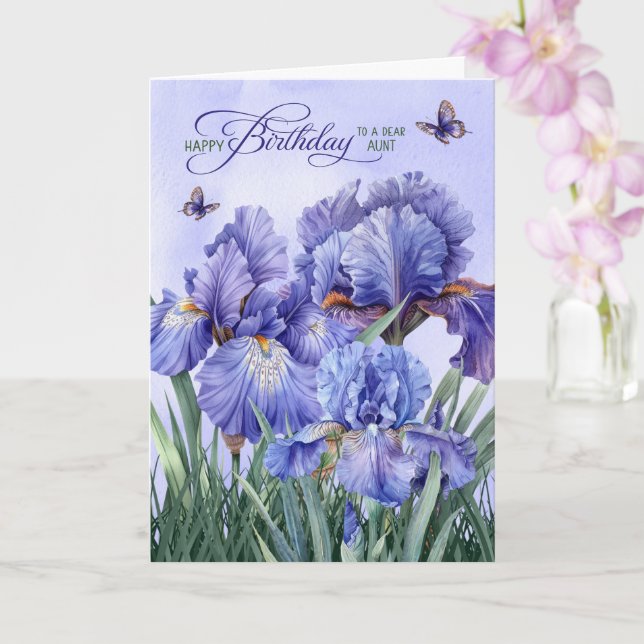 Cartão Para o aniversário da tia Íris roxa com borboletas (Orquídea)