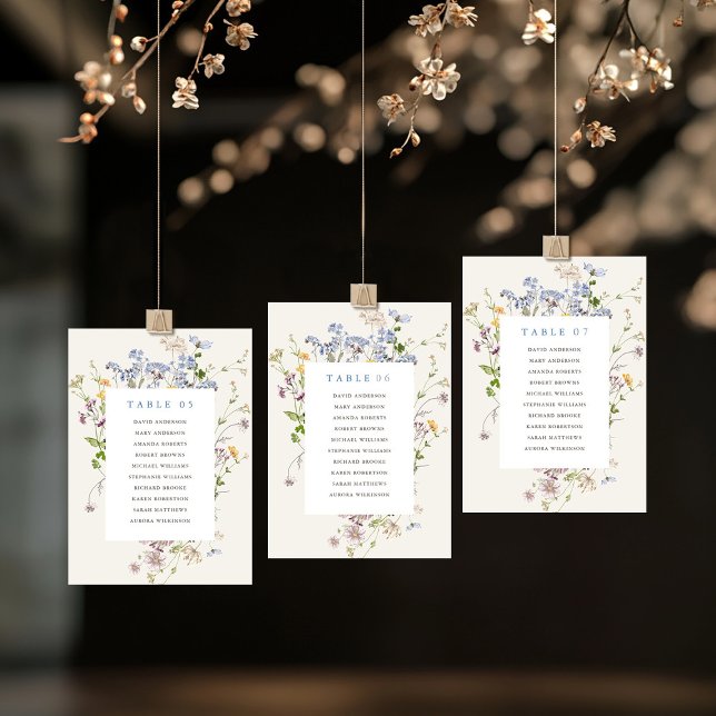 Cartão para o assento de Primavera selvagem (Colorful Spring Wildflower meadow garden hanging table number  Seating Chart card)