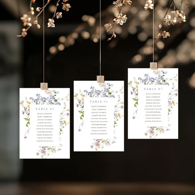 Cartão para o assento de Primavera selvagem (Colorful Spring Wildflower meadow garden wedding table number Seating Chart card)