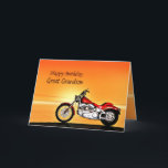 Cartão Para o Excelente Grandson, aniversário do pôr do s<br><div class="desc">Uma moto semelhante a um Harley parado ao lado do mar com um glorioso pôr do sol laranja. Um cartão de excelente para qualquer pessoa que goste de bicicleta e motocicletas. Veja toda a gama de cartas para idades e relacionamentos na minha loja. Todos os direitos de autor da trabalho...</div>