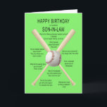 Cartão Para o genro, piadas do basebol do aniversário<br><div class="desc">Para um genro,  um cartão de aniversário engraçado. Um cartão do divertimento que mostra um basebol e bastões com lotes de piadas realmente más do basebol. Um cartão para o desportista com um sentido de humor. Veja a escala inteira das idades e das relações em minha loja.</div>